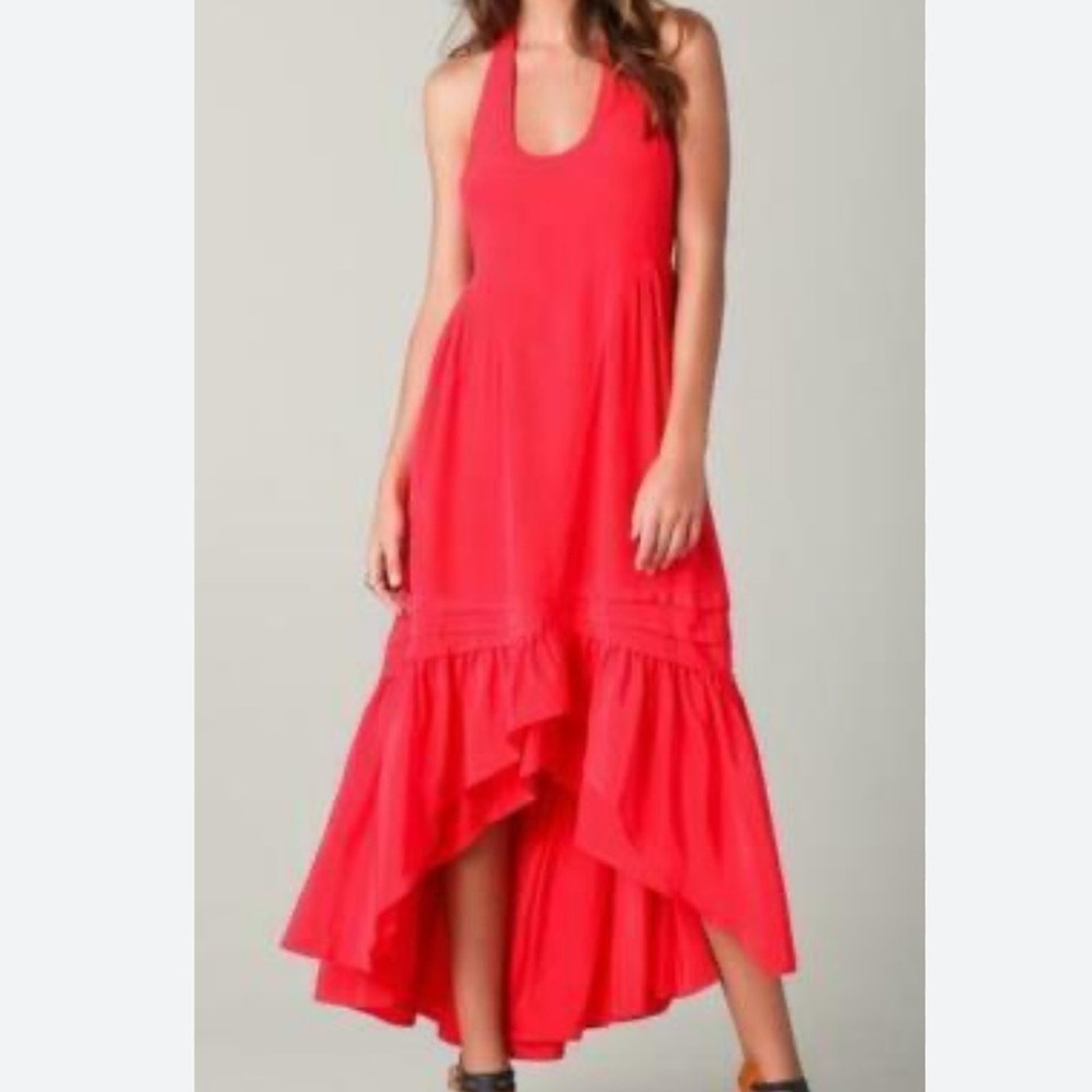 Juicy Coture NWOT SZ 0‎ festival red silk halter high low ruffle edge maxi dress